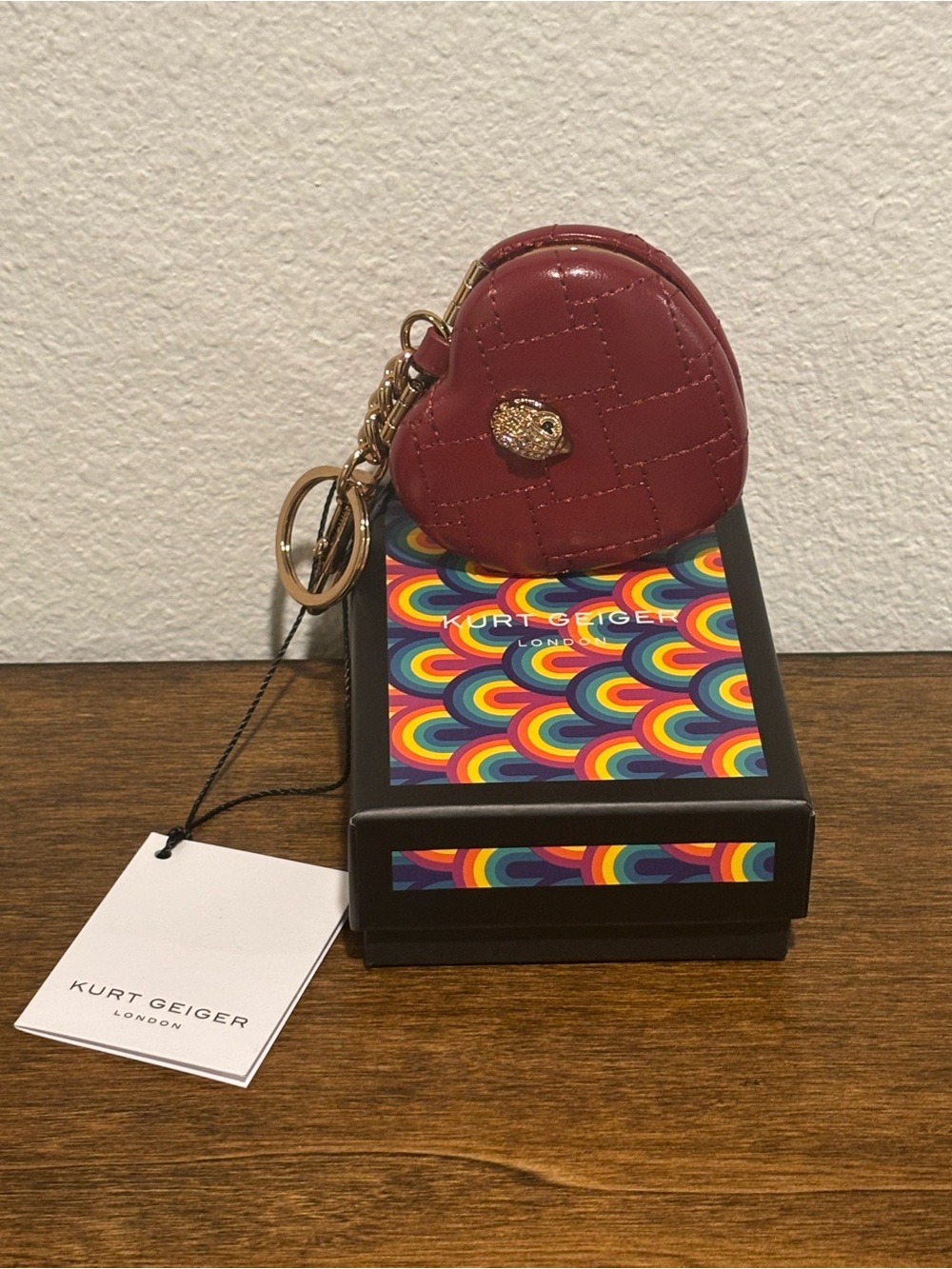 Kurt Geiger Quilted Heart Mirror Compact Bag Charm/ Keyring - Wine Red